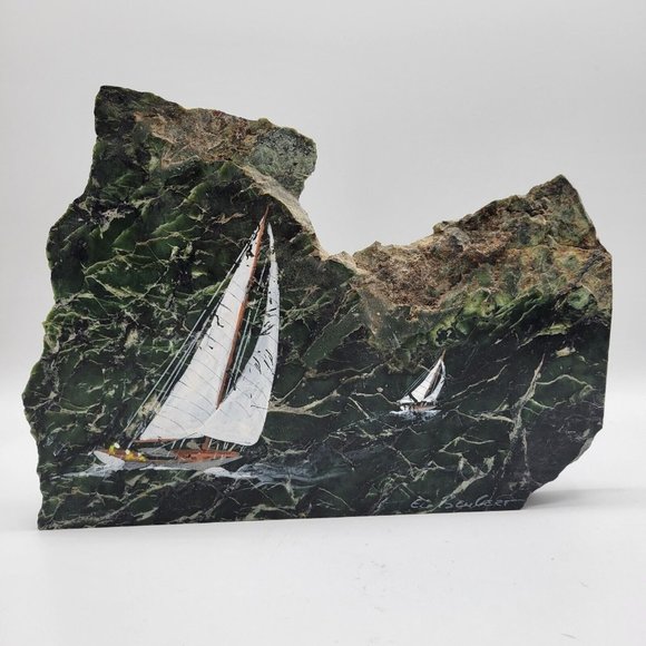 Nautical Boats Oil Painting On Jade Stone Home Accents Decor Rare Handpainted - Picture 1 of 9